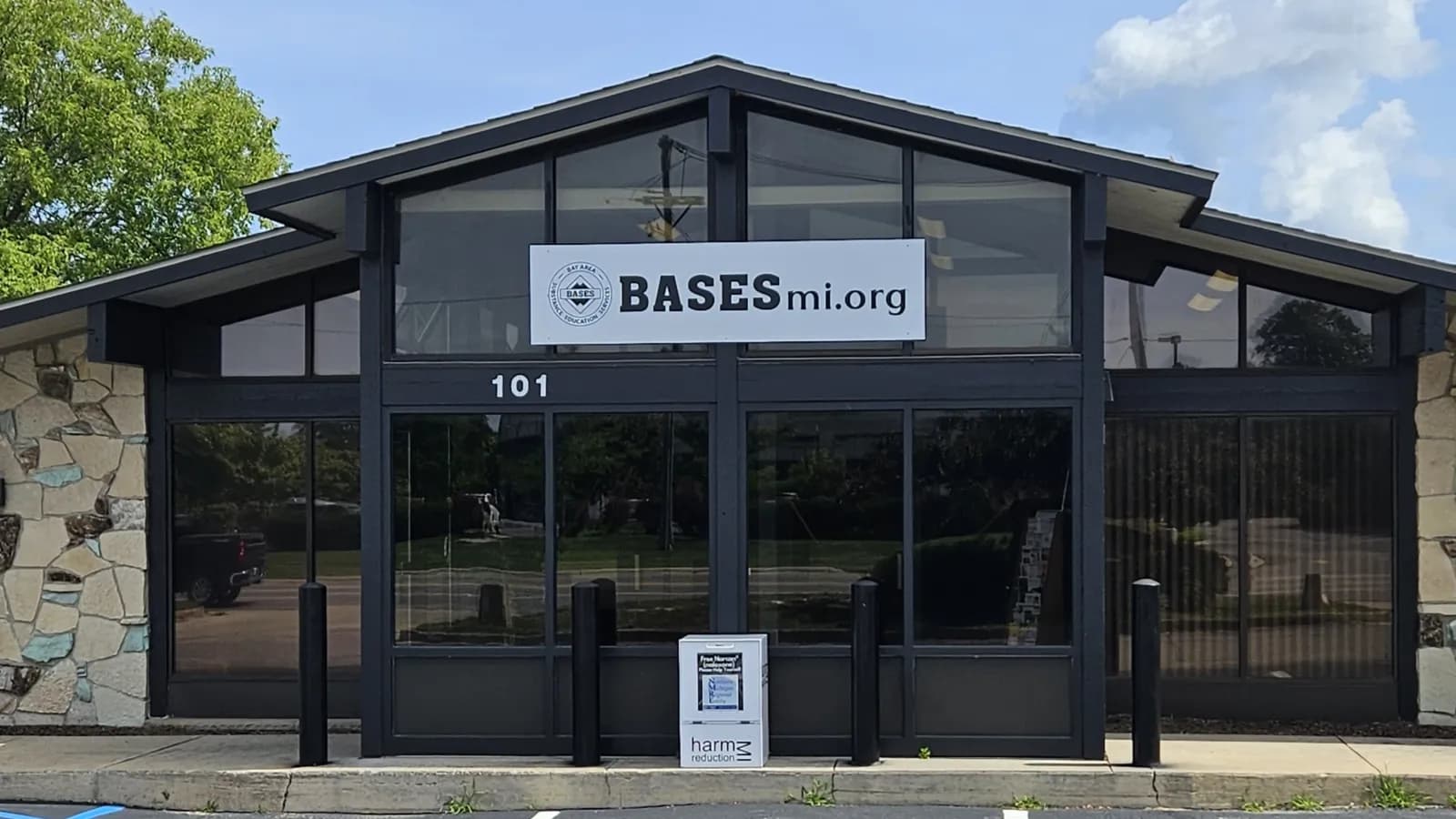 Bases building with new sign.